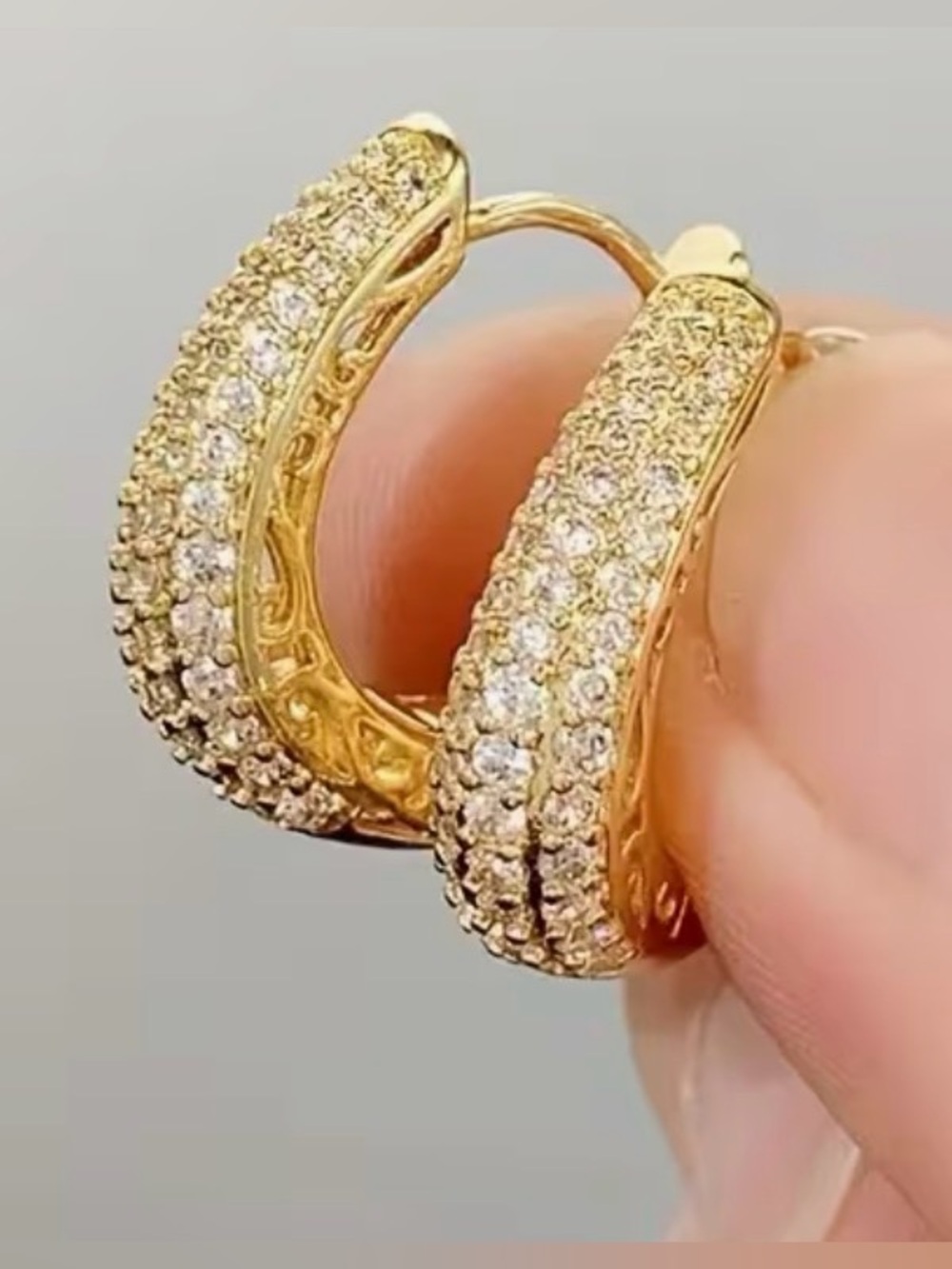 Gold Pave Cubic Zirconia Hoop Earrings - Unbranded